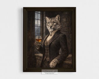 Portrait léopard, bar de maison d'animaux, décoration cottagecore, ancien manoir en pierre, scène d'hiver, décoration de chariot de bar féminin