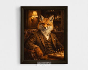 Imprimable pour salle de jeux, impression de partie d'échecs, art mural portrait de renard, art animalier classique
