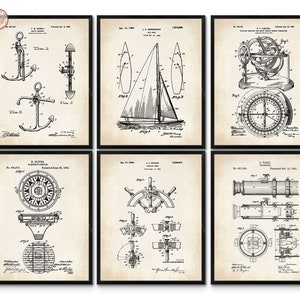 Vintage Maritime Art, Nautical Decor, Set of 6 Nautical Sailing Patent Prints, Sailboat Anchor Compass Posters, Coastal Cottage Printable
