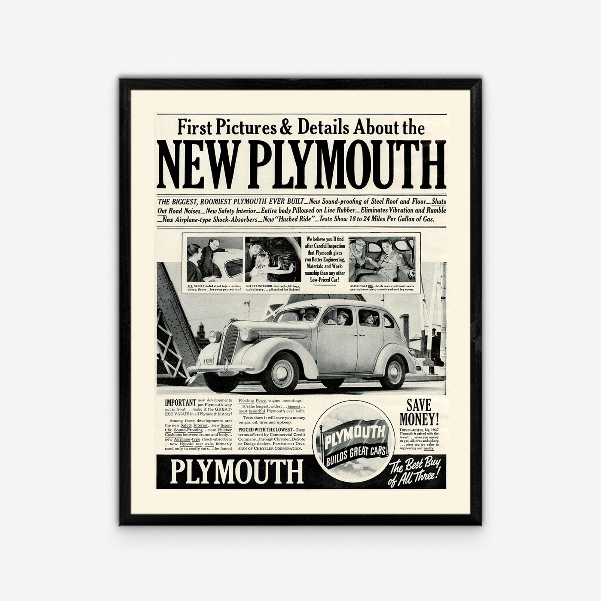 1936年製アメリカ車広告、プリムス車ポスター、レトロな壁アート 