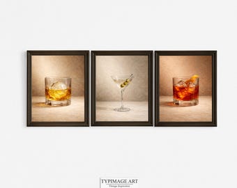 Ensemble d'impressions d'art nature morte cocktail classique - art mural bar à martini, whisky et negroni, décoration de cuisine style tableau