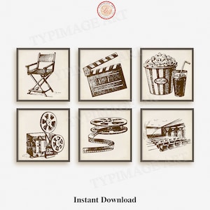 Puede incluir: Conjunto de seis ilustraciones de estilo vintage con temática de cine, que incluyen una silla de director, una claqueta, un cubo de palomitas de maíz, un proyector de películas, un carrete de película y el interior de un cine. Las ilustraciones están dibujadas en tinta marrón sobre un fondo crema.
