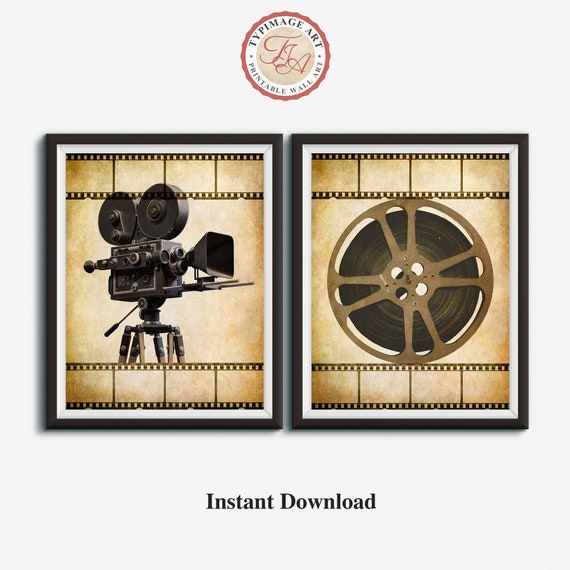 Movie Wall Art, Vintage Movie Camera, Movie Reel, Home Theater Decor, Print Set of 2, Hollywood Movie Poster