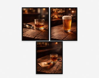 Ensemble d'art mural bar western, impressions whisky et bière, déco de bar rustique, style saloon de cow-boy, Moody Man des cavernes