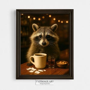 コーヒーとウイスキーを吸うアライグマのアートプリント - 面白いバーの動物の壁飾り - 自宅のバーやオフィスに飾る気まぐれなアライグマのアート - Spiked Coffee