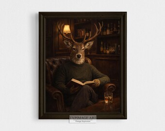 Cerf avec whisky et livre, décoration de bibliothèque imprimable, style peinture vintage portrait de Buck avec whisky, oeuvre d'art murale de bibliothèque ou de bureau