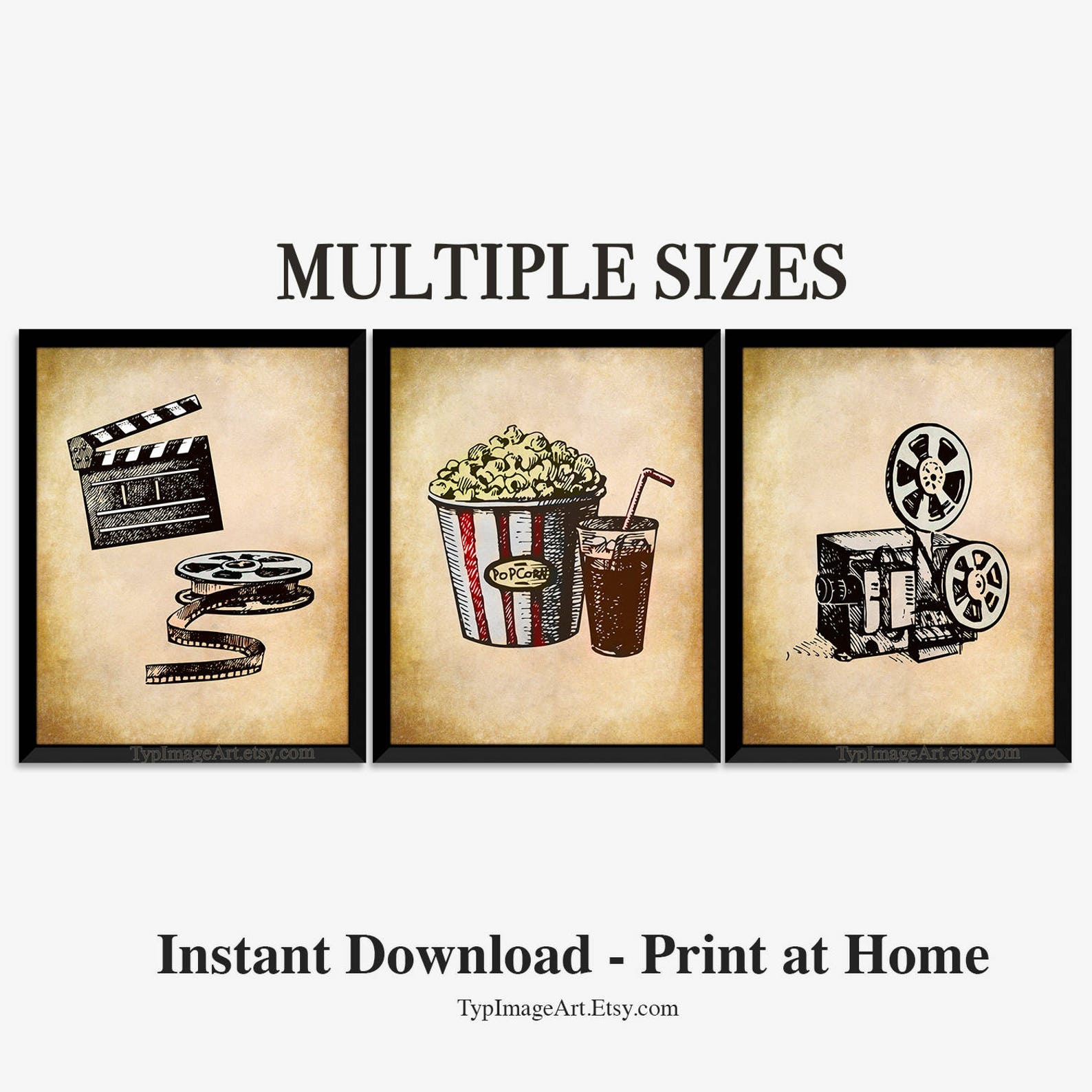 Home Theater Decor, Home Theater Movie Wall Art, Media Room, Print Set