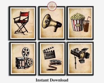 Decoración para una noche de cine, arte mural para galería, juego de 6 pósteres de cine para cine en casa, sala multimedia, arte mural para galería, imprimible, para imprimir en casa