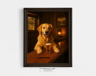 Golden Retriever Bar Art Print – Funny Dog with Beer Wall Decor, Home Bar Printable, Dog Lover Gift, Rustic Cabin Animal Art