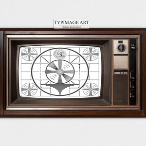 May include: A vintage television set with a wooden frame and a black and white test pattern on the screen. The test pattern includes a circle with a radiating pattern, a Native American headdress, and a grid.