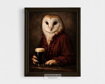 Chouette effraie des clochers, art mural, portrait de style peinture à l'huile vintage, art mural Dark Academia, décoration de chariot de bar