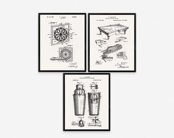 Impressions d'art vintage brevets pour salle de jeux – piscine, fléchettes, cocktails, décoration de bar (téléchargement numérique, lot de 3)