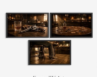 Frame TV Art, Western Bar Wall Art Set of 3, Cowboy Saloon Photography, Rustic Whiskey Decor, Poker Scene Art, Moody Western Print