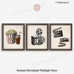 Media Room Wall Decor  Home Movie Theater Decor  Printable  Print Set of 3  Popcorn  Cinema