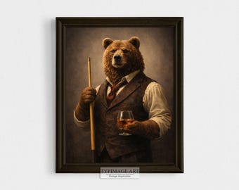 Image de la piscine de la salle de jeux, art mural portrait d'ours, décoration de salle de billard, ours avec boisson, peinture animalière