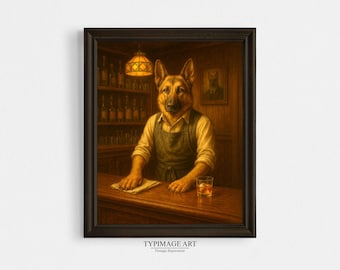Konsttryck med schäfermotiv, hundporträtt i vintagestil