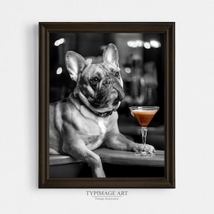 French Bulldog Martini Bar Art – Funny Dog Wall Print, Black and White Bulldog with Cocktail, Whimsical Home Bar Decor, Espresso Martini