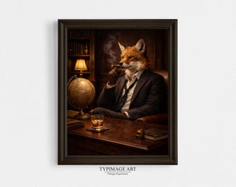 Art mural de la chambre Bourbon - décoration de bureau d'étude de whisky - portrait d'animal de bibliothèque de mauvaise humeur, renard fumeur de cigare, téléchargement numérique