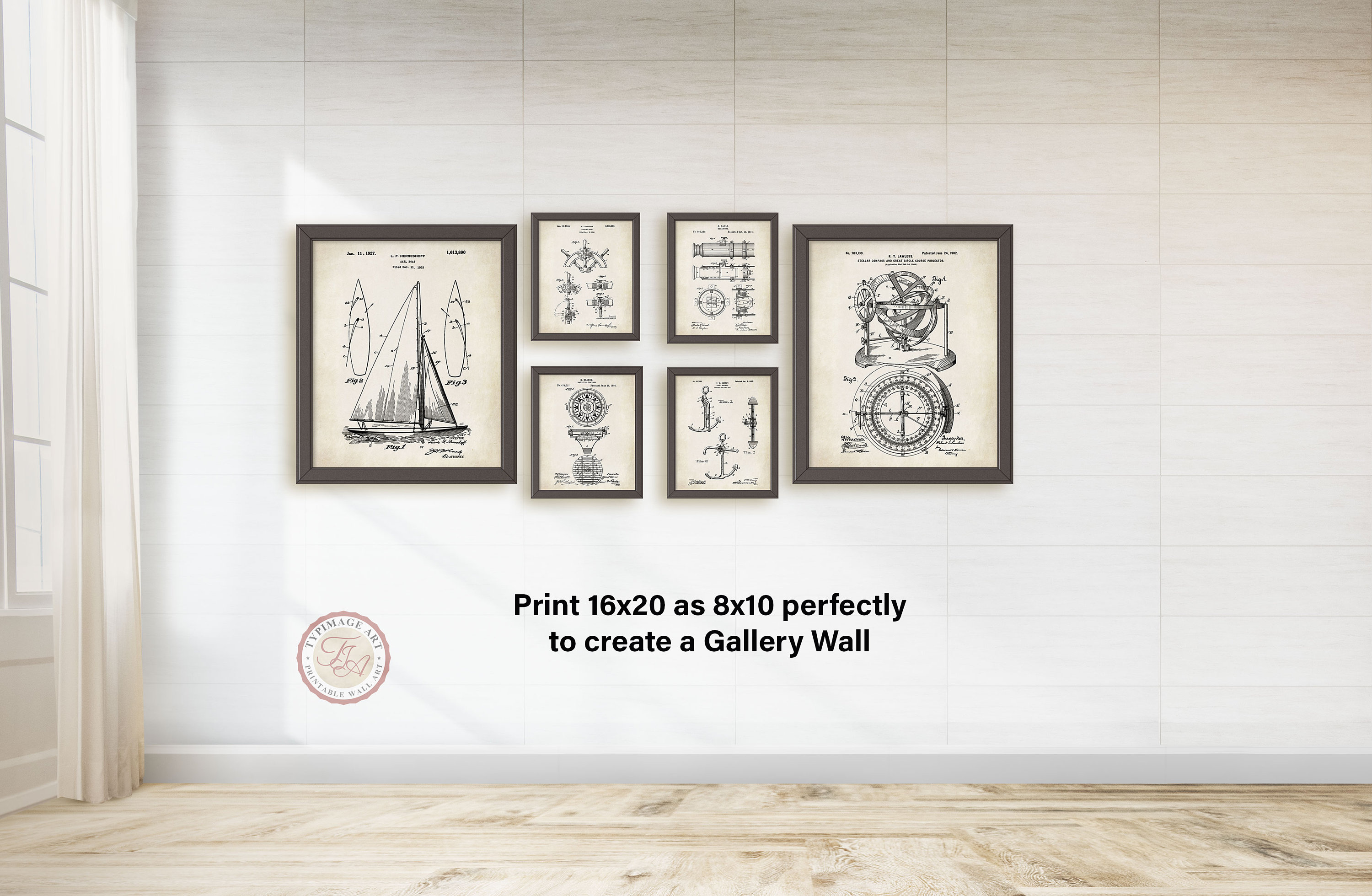 Vintage Maritime Art, Nautical Decor, Set of 6 Nautical Sailing Patent ...