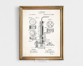 May include: Framed vintage print of an alcohol still patent illustration. The black and white diagram, dated June 8, 1880, features detailed technical drawings and text, including the inventor's name and patent number. The print is in a gold-colored frame.