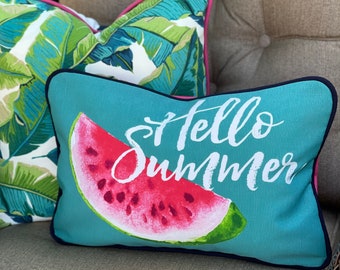 Hello Summer Script with Hot Pink Stripe Back and Navy Cording Patiogirl Pillow Cover