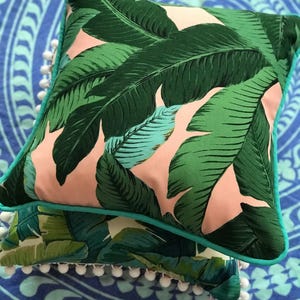 Pink Palm with Turquoise Cording Outdoor Pillow Cover image 4