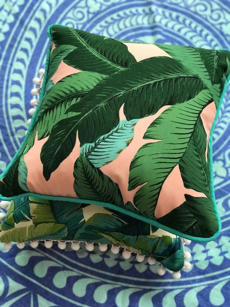 Pink Palm with Turquoise Cording Outdoor Pillow Cover image 4