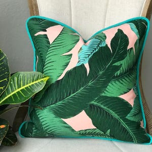 Pink Palm with Turquoise Cording Outdoor Pillow Cover image 1