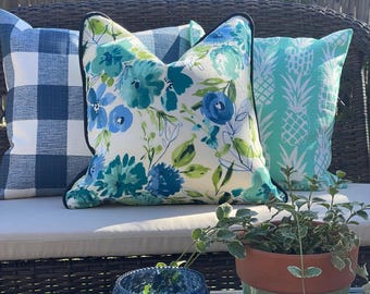 Blue Bettina Floral Print  with Navy Cording Patiogirl Outdoor Pillow Cover