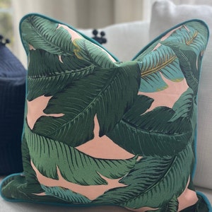 Pink Palm with Turquoise Cording Outdoor Pillow Cover image 5