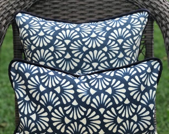 Blue and White Shell Screen Print Patiogirl Pillow Cover with Navy Cording