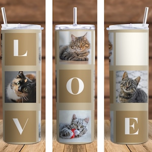 custom cat gift, custom cat tumbler, cat photos cup, cat mom tumbler, cat dad tumbler, pet photos tumbler, photo collage cup