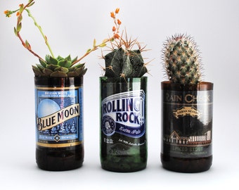 Maceta de botella de cerveza personalizada - Set de regalo de cristalería y macetero personalizado