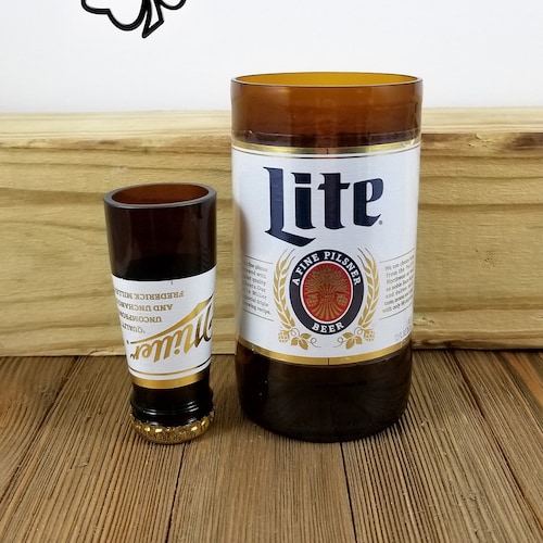 Glass and Shot Glass Made From Miller Lite Beer Bottles Etsy