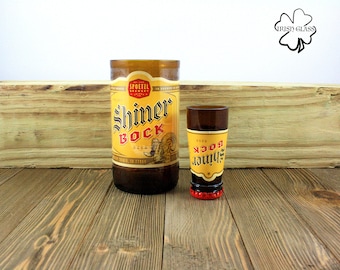 Handgjorda Shiner Bock ölflaskglas och snapsglas - Återvunnen gåva