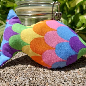May include: A colorful fish-shaped pillow with a rainbow pattern. The pillow is made of fabric and has a soft, plush texture.