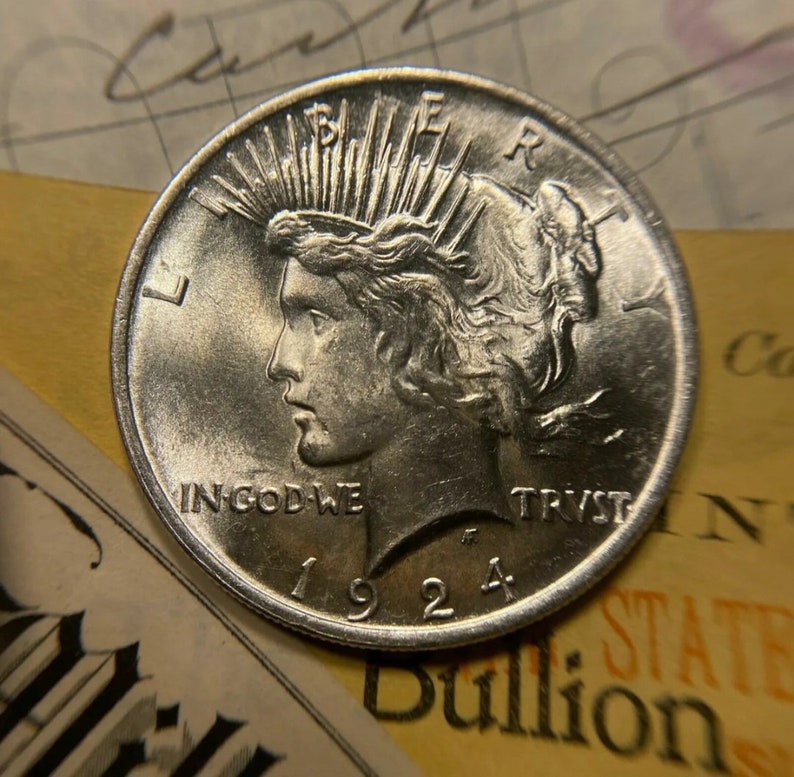 Puede incluir: Una moneda de plata Peace Dollar con el a&ntilde;o 1924 inscrito en la parte inferior. La moneda presenta el perfil de una mujer con una corona de rayos detr&aacute;s de su cabeza. La inscripci&oacute;n "In God We Trust" es visible en la parte inferior de la moneda.