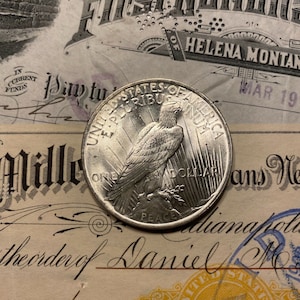 Puede incluir: Una moneda de plata Peace Dollar que presenta un &aacute;guila con las alas extendidas y las palabras "United States of America" y "E Pluribus Unum" alrededor del borde. La moneda tambi&eacute;n presenta las palabras "One Dollar" y "Peace" en el anverso.