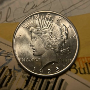 Puede incluir: Una moneda de plata Peace Dollar con el a&ntilde;o 1925 inscrito en la parte inferior. La moneda presenta un perfil de una mujer con el pelo suelto y una corona de rayos. La inscripci&oacute;n "In God We Trust" es visible en la parte inferior izquierda y "Liberty" es visible en el lado izquierdo de la moneda.