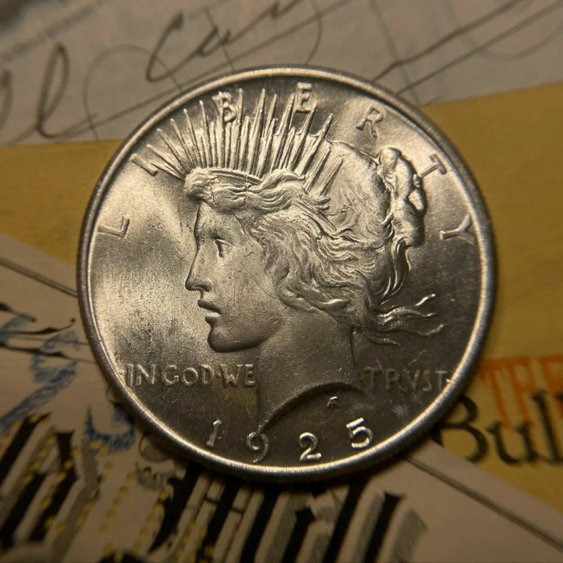 Puede incluir: Una moneda de plata Peace Dollar con el a&ntilde;o 1925 inscrito en la parte inferior. La moneda presenta un perfil de una mujer con el pelo suelto y una corona de rayos. La inscripci&oacute;n "In God We Trust" es visible en la parte inferior izquierda y "Liberty" es visible en el lado izquierdo de la moneda.