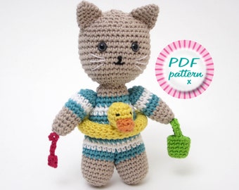 Cat swimmer amigurumi pattern, Cute crochet summer doll, Beach kitten soft toy, UK & US terms, Digital pdf download, Duck rubber ring bucket