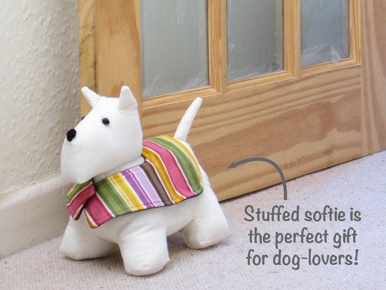 Scottie dog toy sewing pattern, Cute fabric doorstop, Quick & easy gift for animal lovers, Beginner plush pup and coat, Digital PDF download image 9