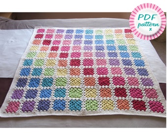 Granny square blanket pattern, Crochet rainbow throw, UK & US Terms, Digital pdf download, Easy baby gift, Beginner join-as-you-go afghan