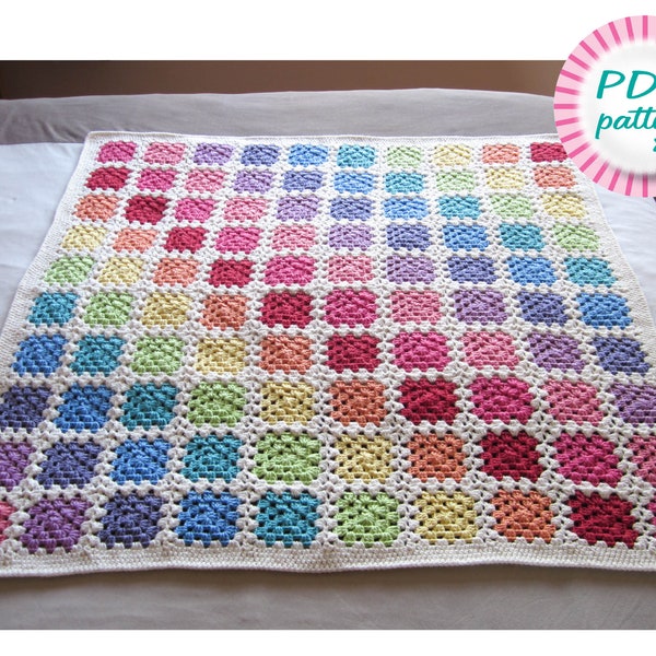 Granny square blanket pattern, Crochet rainbow throw, UK & US Terms, Digital pdf download, Easy baby gift, Beginner join-as-you-go afghan