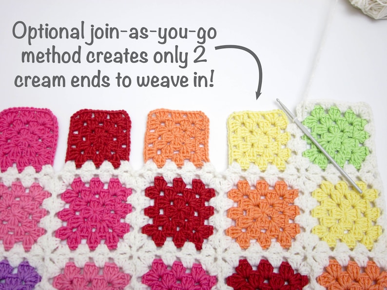 May include: A close-up of a colorful crochet blanket with a white border. The blanket is made of granny squares in various colors, including pink, red, orange, yellow, and green. The text "Optional join-as-you-go method creates only 2 cream ends to weave in!" is written above the blanket.