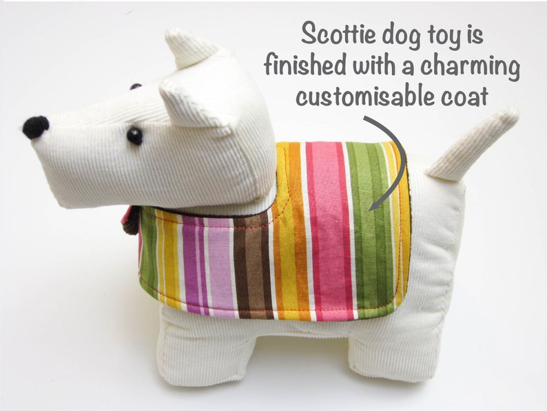 Scottie dog toy sewing pattern, Cute fabric doorstop, Quick & easy gift for animal lovers, Beginner plush pup and coat, Digital PDF download image 3