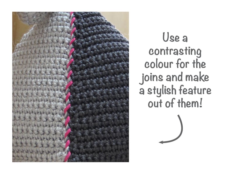 May include: Close-up of a crocheted item with two different colored sections. The seam between the sections is highlighted with a contrasting pink yarn. The text "Use a contrasting colour for the joins and make a stylish feature out of them!" is visible in the image.