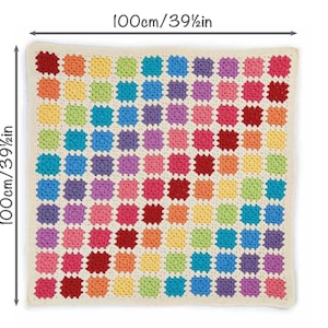 May include: A colorful crochet blanket with a rainbow pattern. The blanket is 39 1/2 inches by 39 1/2 inches.