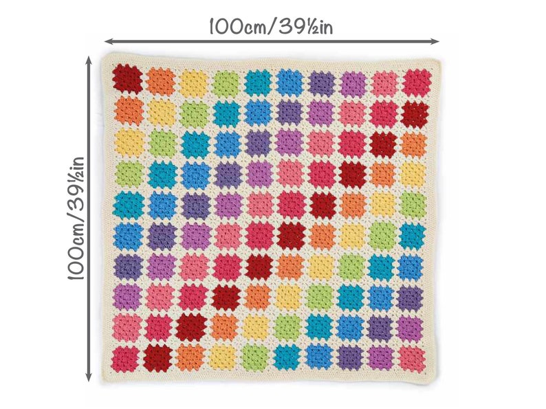 May include: A colorful crochet blanket with a rainbow pattern. The blanket is 39 1/2 inches by 39 1/2 inches.