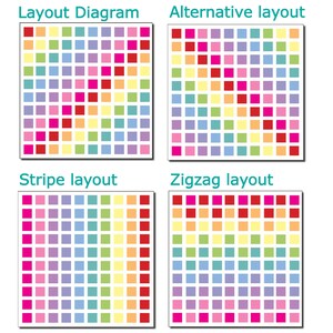May include: Four diagrams showing different layouts for a grid of colored squares. The layouts are labeled "Layout Diagram", "Alternative layout", "Stripe layout", and "Zigzag layout".